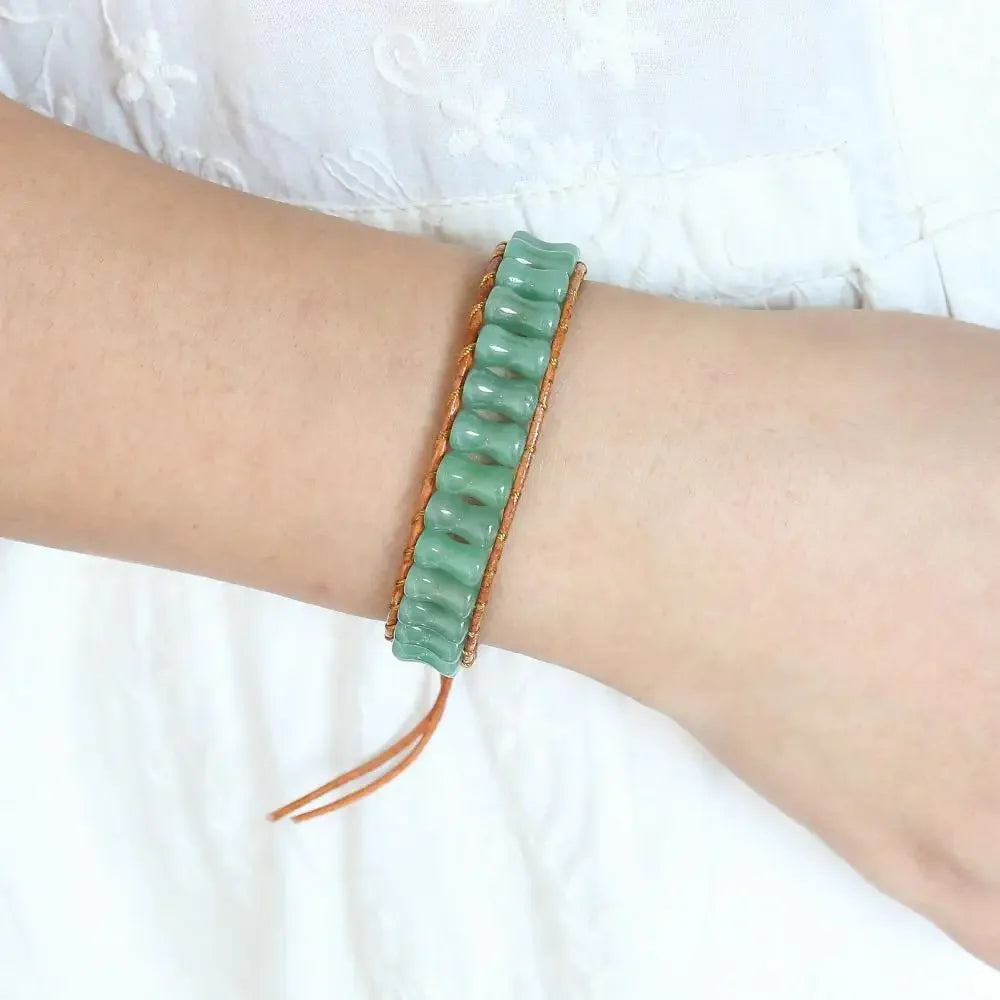 Prosperity and Luck Green Aventurine Bamboo Joint Leather Wrap Bracelet