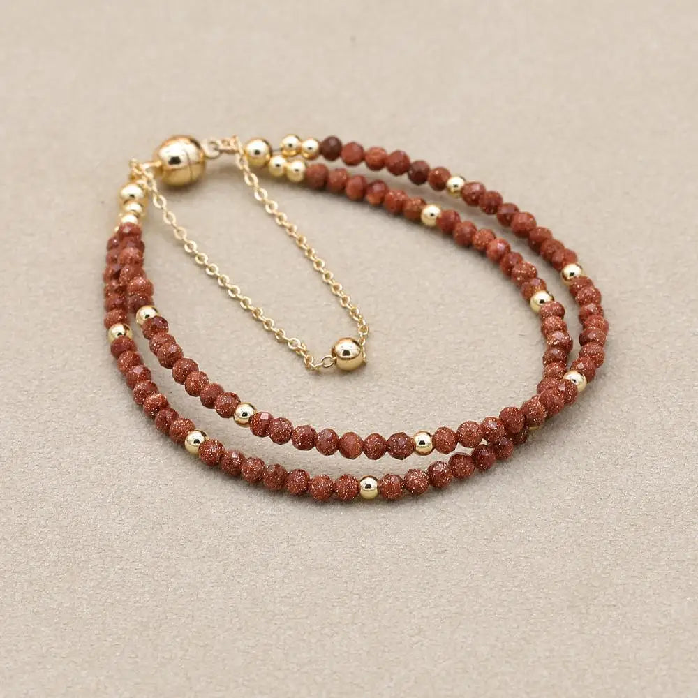 Handmade 3mm Faceted Gold Sandstone Double-Layer Bracelet with Magnetic Clasp