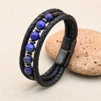 8mm Lapis Lazuli Hematite Multilayer Leather Bracelet for Unisex