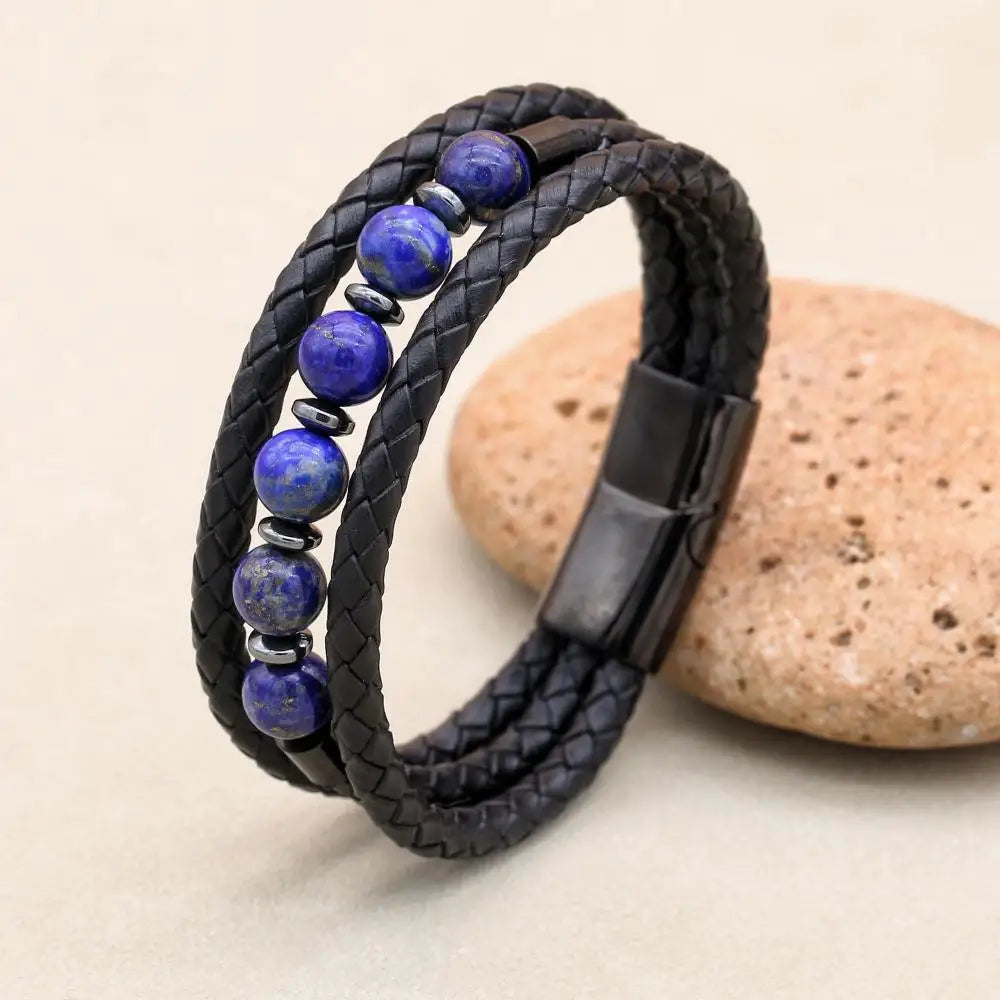8mm Lapis Lazuli Hematite Multilayer Leather Bracelet for Unisex