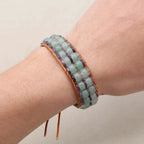 Handmade Aventurine & Fluorite Gemstone Leather Wrap Bracelet with Adjustable Cord