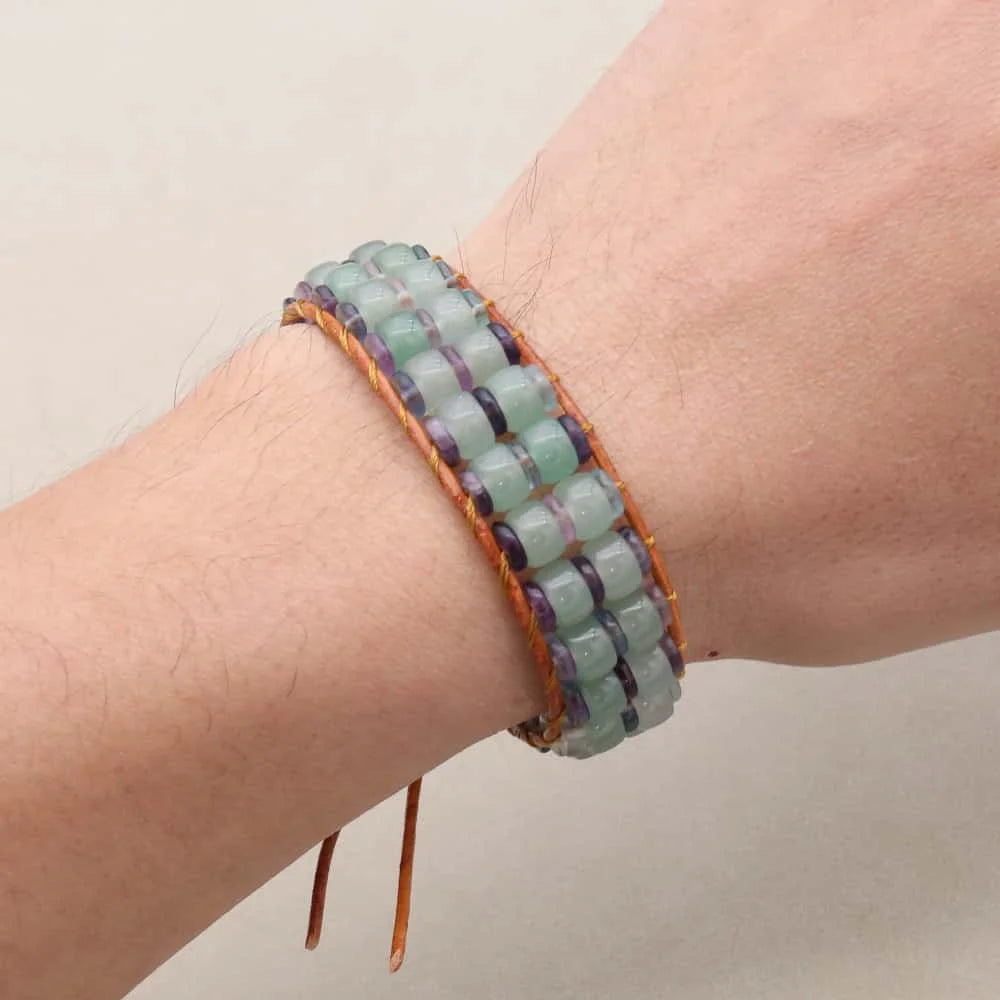 Handmade Aventurine & Fluorite Gemstone Leather Wrap Bracelet with Adjustable Cord