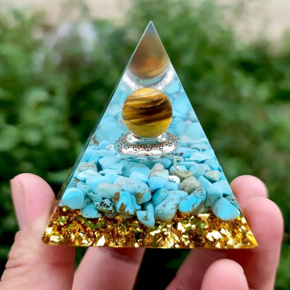Prosperity and  Protection: Turquoise Tiger's Eye Orgone Pyramid with Wooden Base