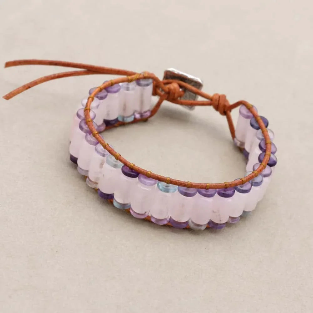 Handmade Rose Quartz & Fluorite Gemstone Leather Wrap Bracelet