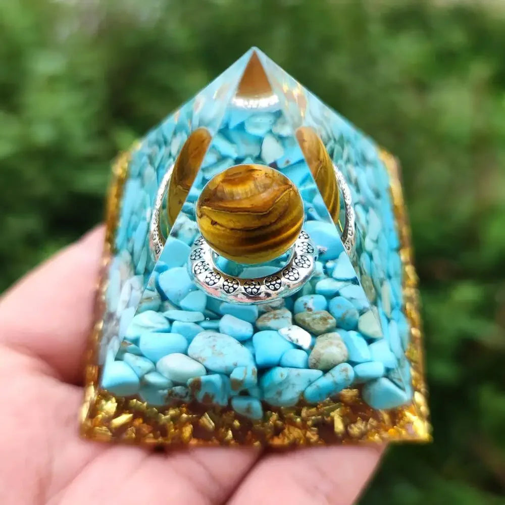 Prosperity and  Protection: Turquoise Tiger's Eye Orgone Pyramid with Wooden Base