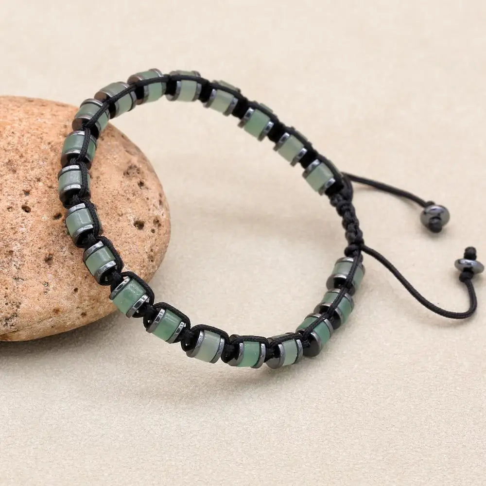 Green Aventurine & Hematite Disc Braided Bracelet | Unisex Adjustable