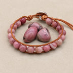 Unisex 8mm Rhodonite Leather Boho Bracelet | Adjustable Braided Wrap