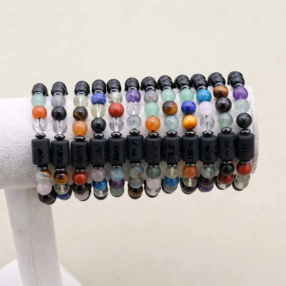Zodiac Energy Bracelet: Handcrafted 8mm Black Onyx & Custom Natural Healing Stones (Unisex)