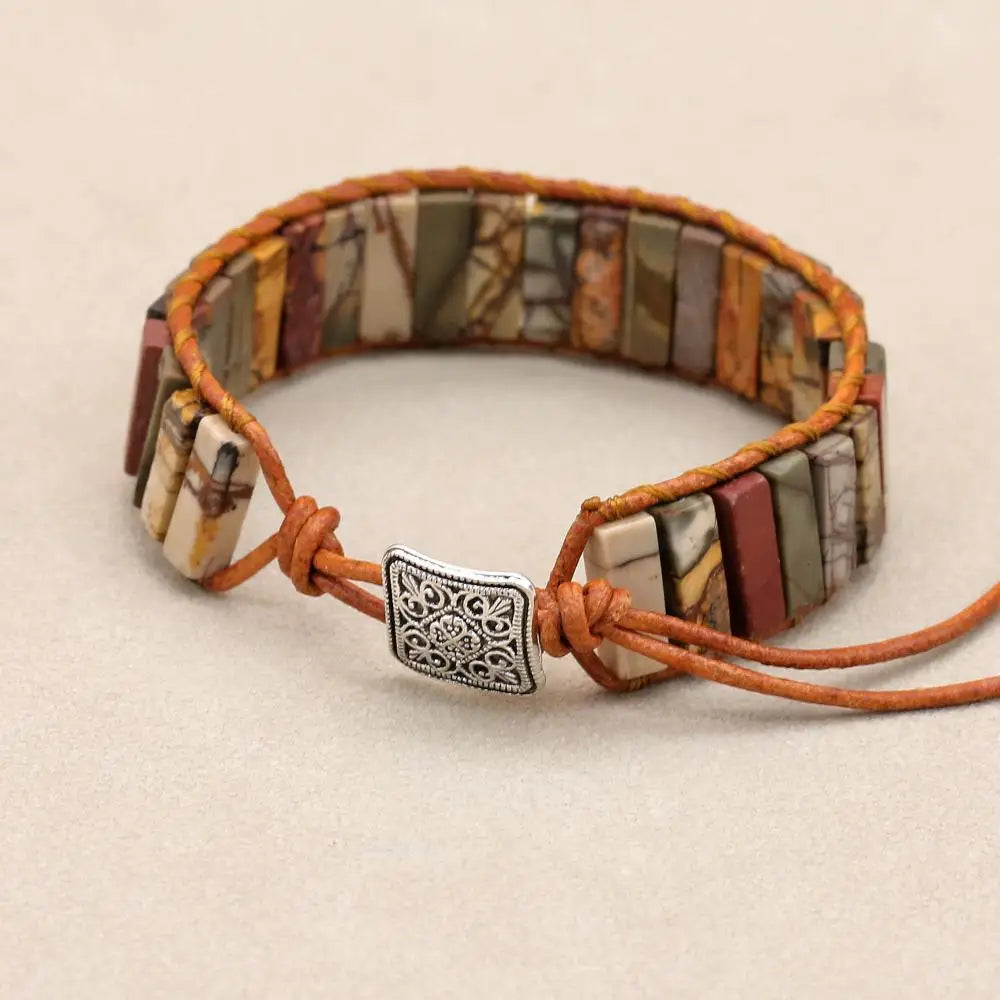 Picasso Jasper Leather Wrap Bohemian Bracelet for Men and Women