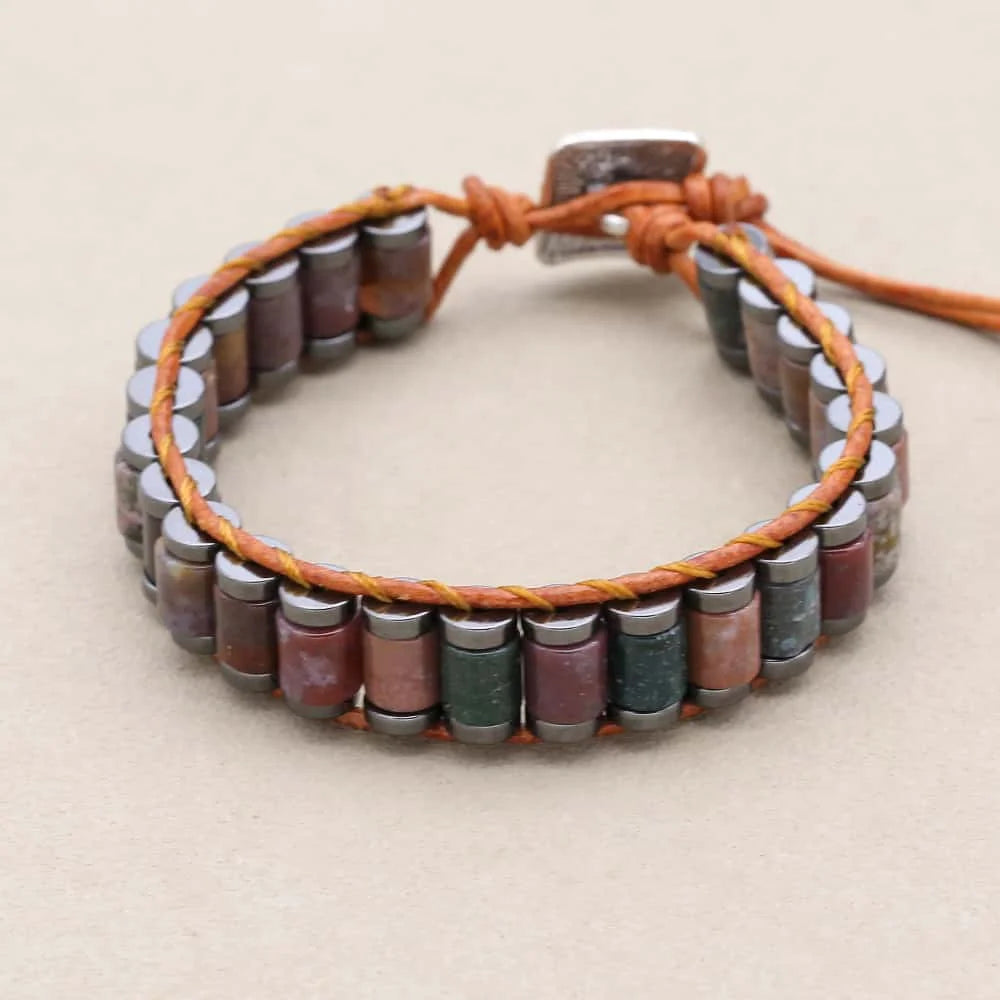 Strength and Serenity Indian Agate Hematite Leather Wrap Bracelet