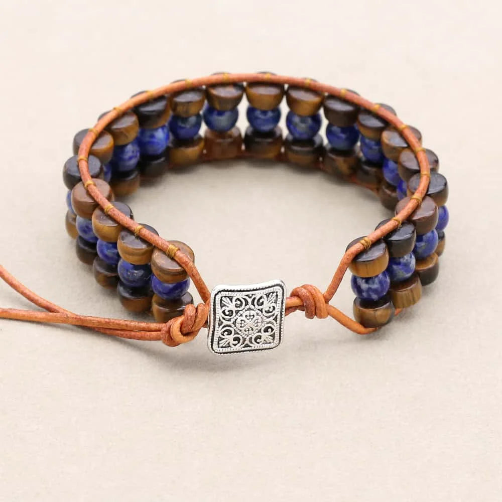 Wisdom and Courage: Lapis Lazuli Tiger's Eye Woven Leather Bracelet