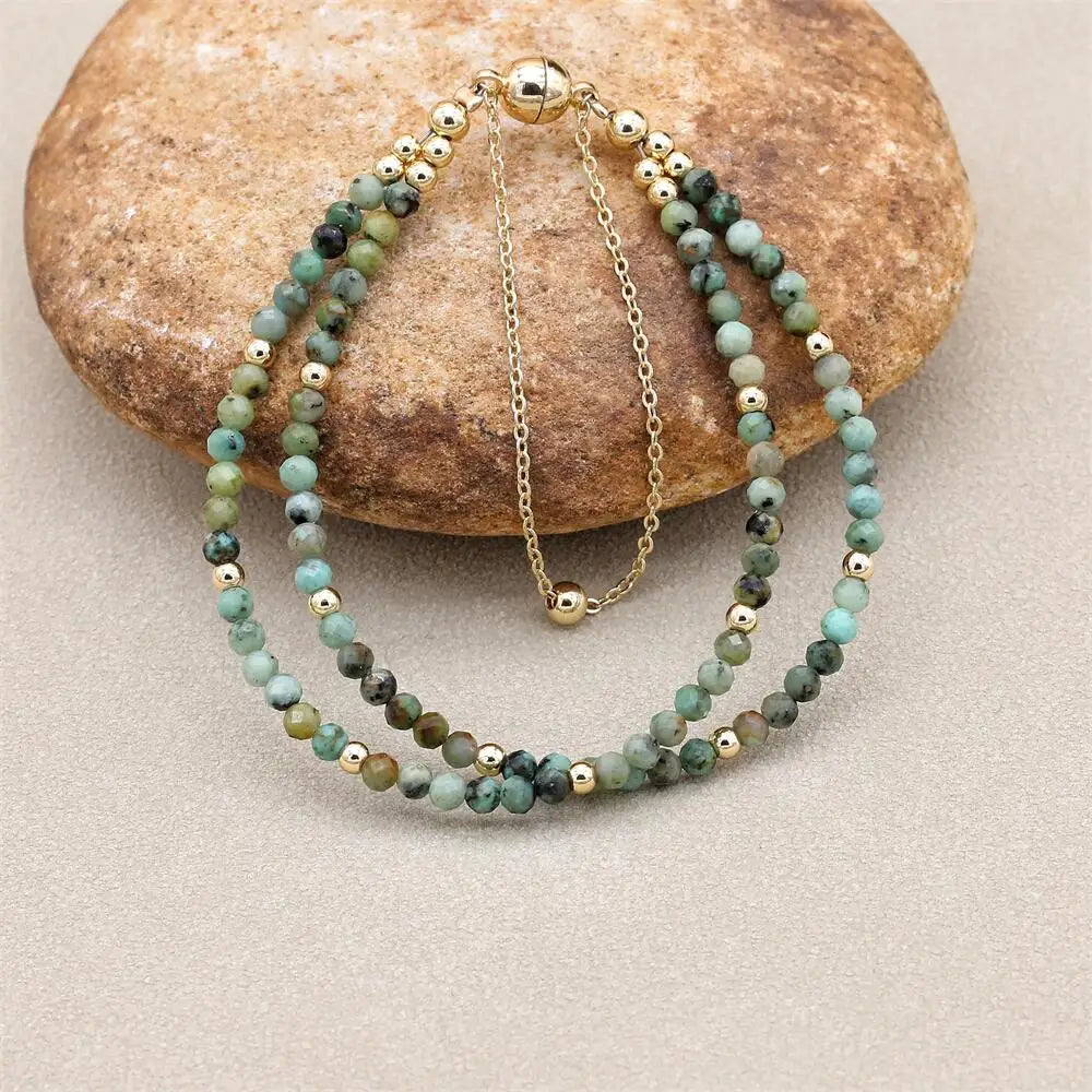 Handmade 3mm Faceted African Turquoise Double-Layer Bracelet with Magnetic Clasp