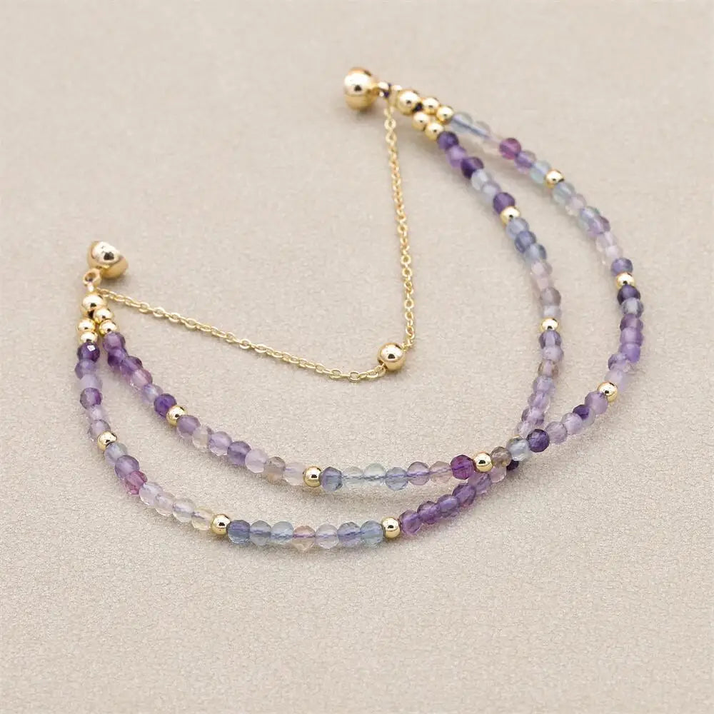 Handmade 3mm Faceted Rainbow Fluorite Double-Layer Bracelet with Magnetic Clasp