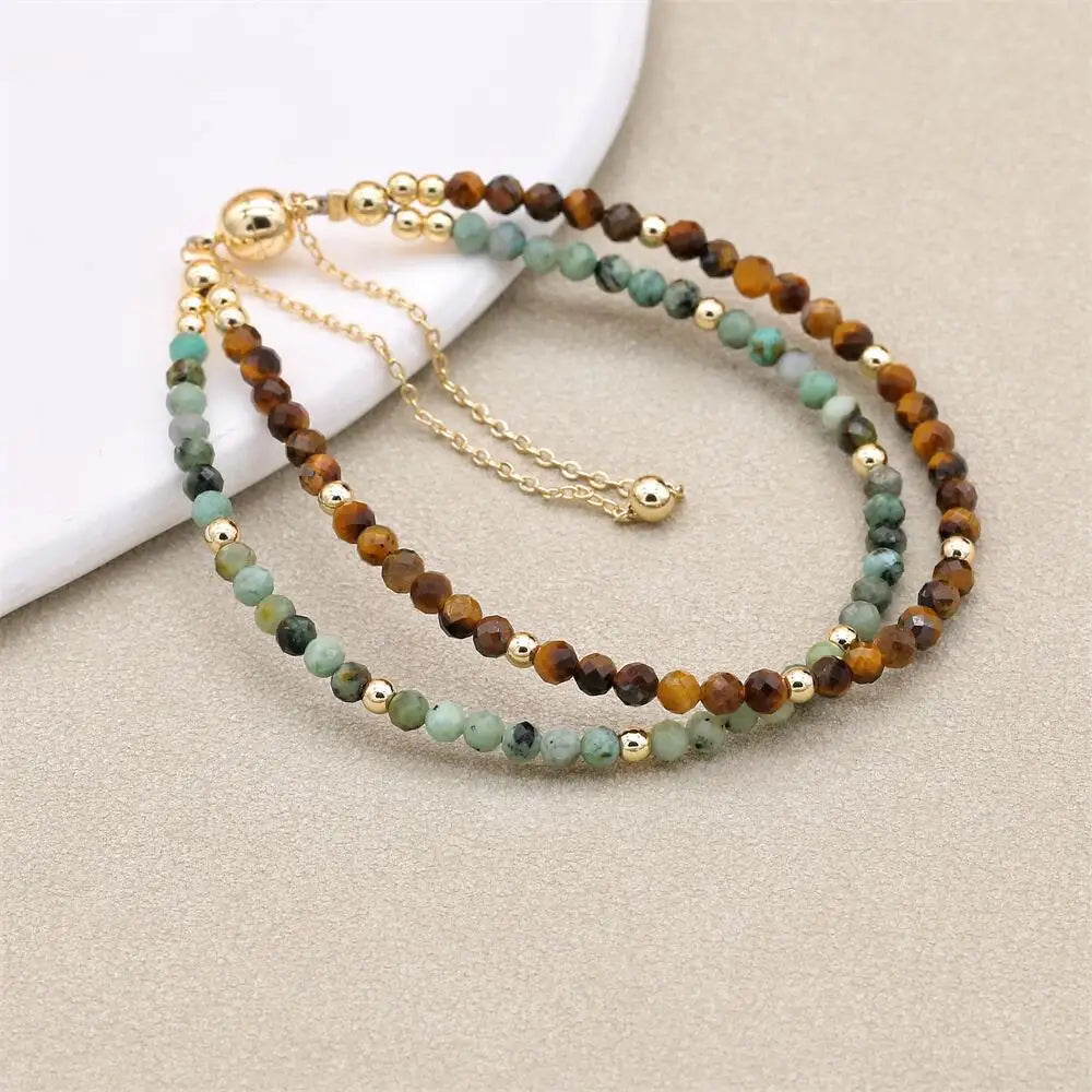 Handmade 3mm Faceted African Turquoise & Tiger Eye Double-Layer Bracelet with Magnetic Clasp