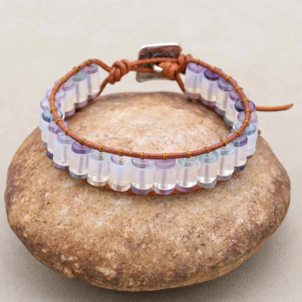 Serenity and Inspiration: Opalite Cylinder Fluorite Woven Leather Bracelet