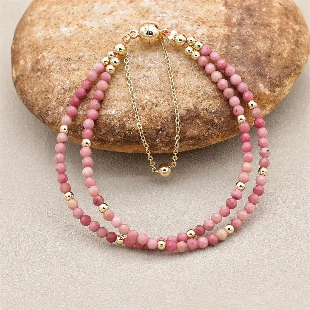 Handmade 3mm Faceted Rhodonite Double-Layer Bracelet with Magnetic Clasp