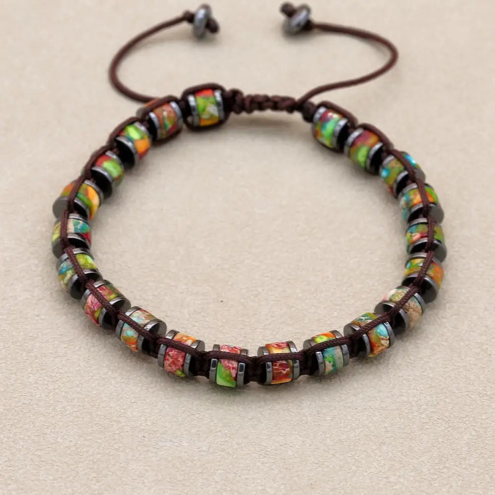 Unisex Colorful Sea Sediment Jasper and Hematite Disc Braided Bracelet