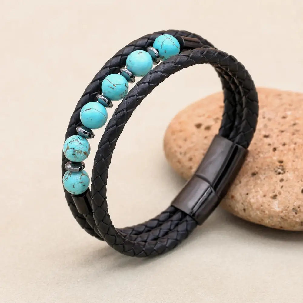 Handmade Turquoise & Hematite Multi-Layer Leather Bracelet for Men Women