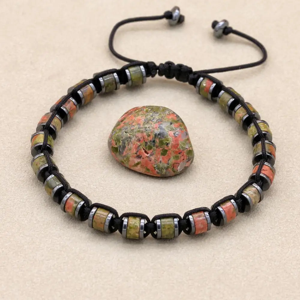 Unisex Unakite and Hematite Disc Braided Bracelet