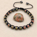 Unisex Unakite and Hematite Disc Braided Bracelet