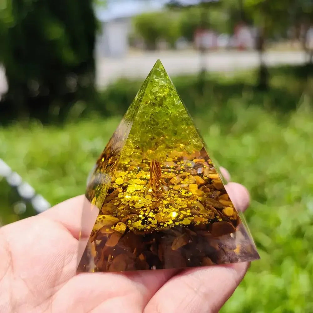 Prosperity and Wisdom Crystal Tree of Life Orgone Pyramid with Wooden Base