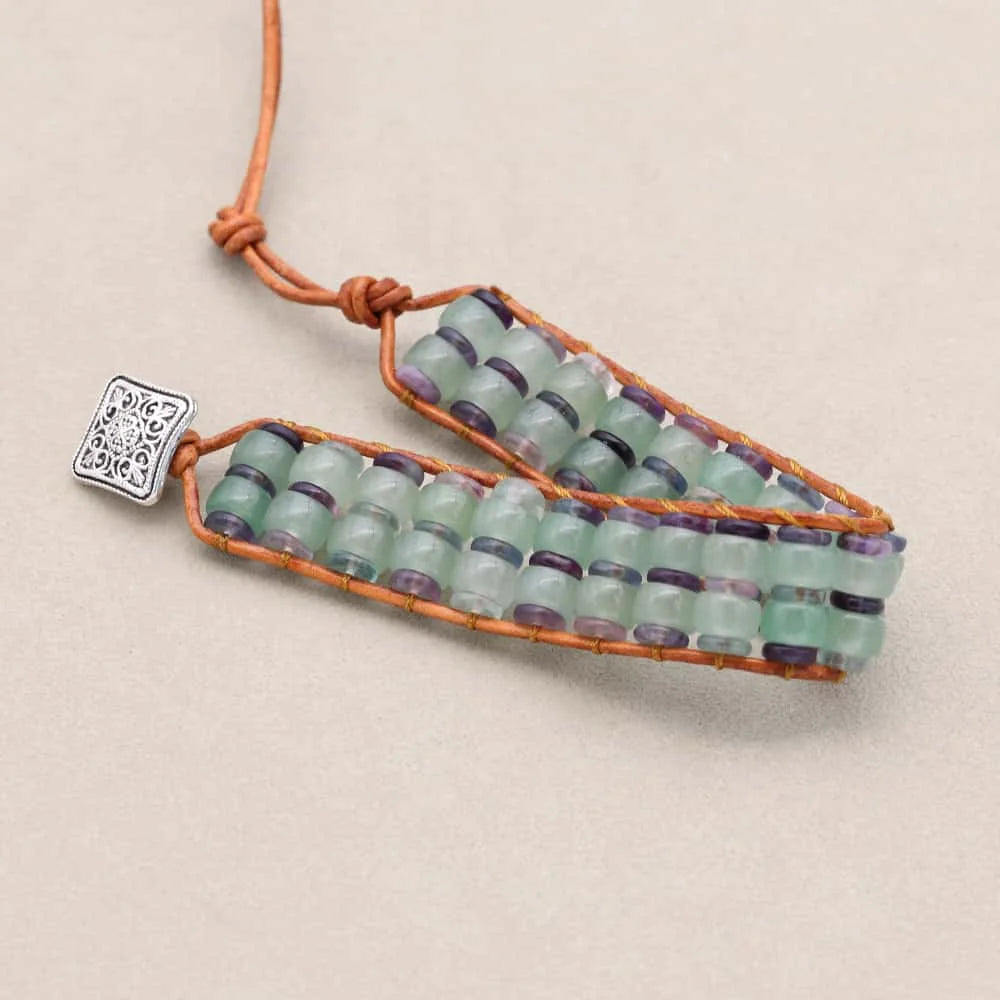 Handmade Aventurine & Fluorite Gemstone Leather Wrap Bracelet with Adjustable Cord