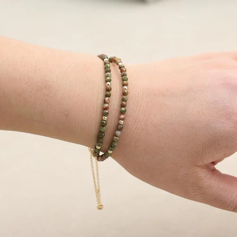 Handmade 3mm Faceted Unakite Double-Layer Bracelet with Easy Magnetic Clasp