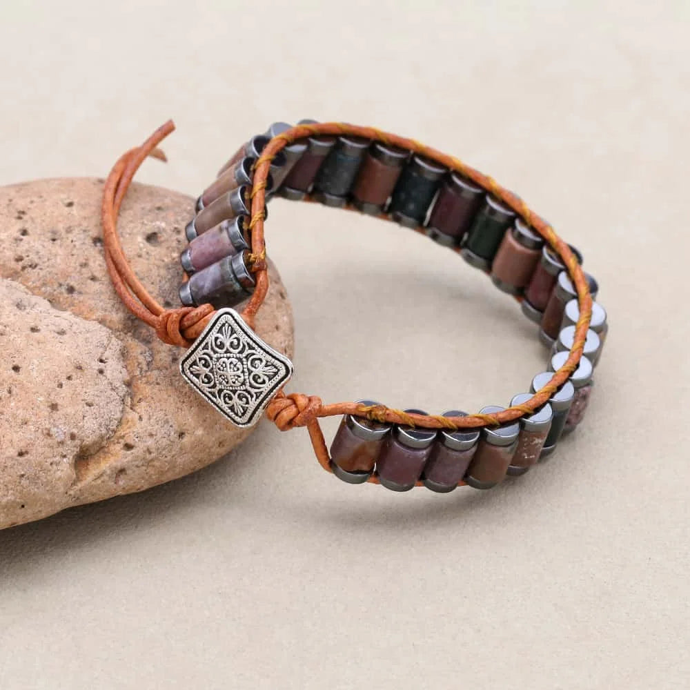 Strength and Serenity Indian Agate Hematite Leather Wrap Bracelet