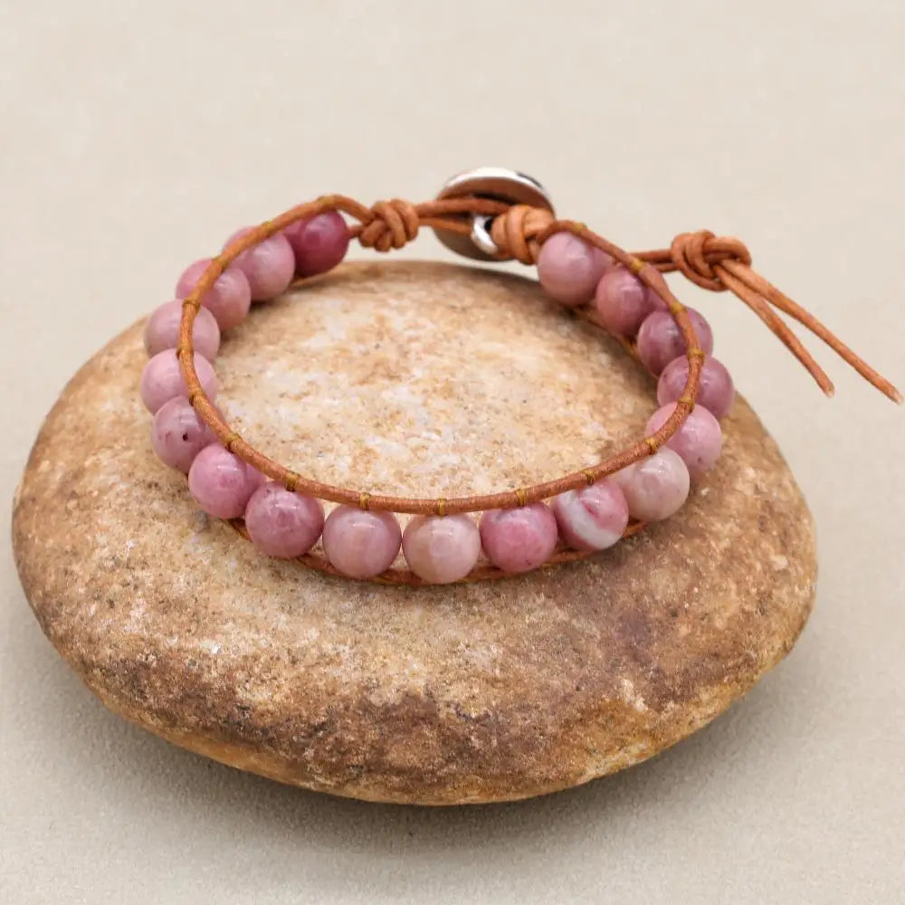 Unisex 8mm Rhodonite Leather Boho Bracelet | Adjustable Braided Wrap