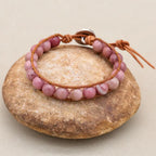 Unisex 8mm Rhodonite Leather Boho Bracelet | Adjustable Braided Wrap