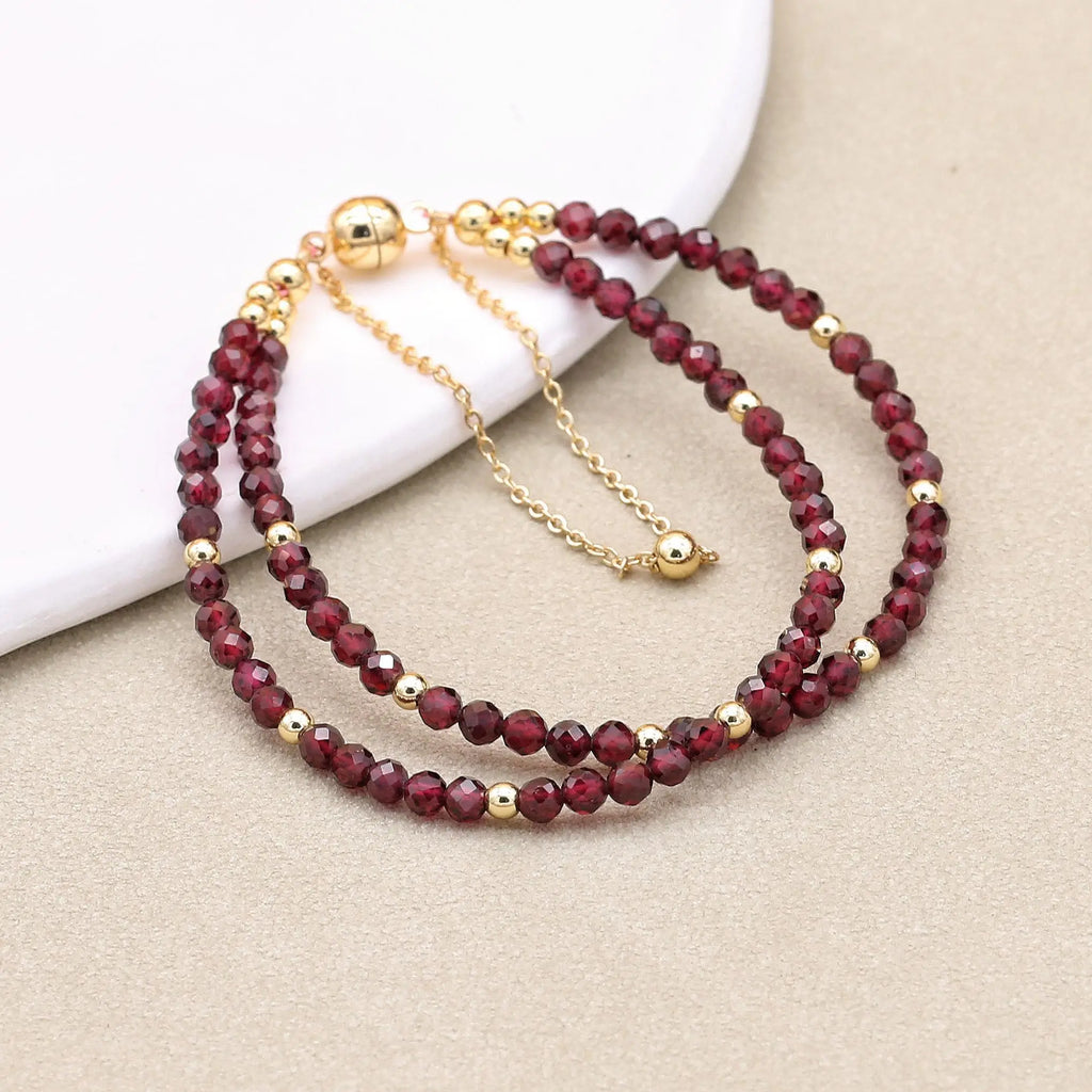 Handmade 3mm Faceted Garnet Double-Layer Bracelet with Magnetic Clasp