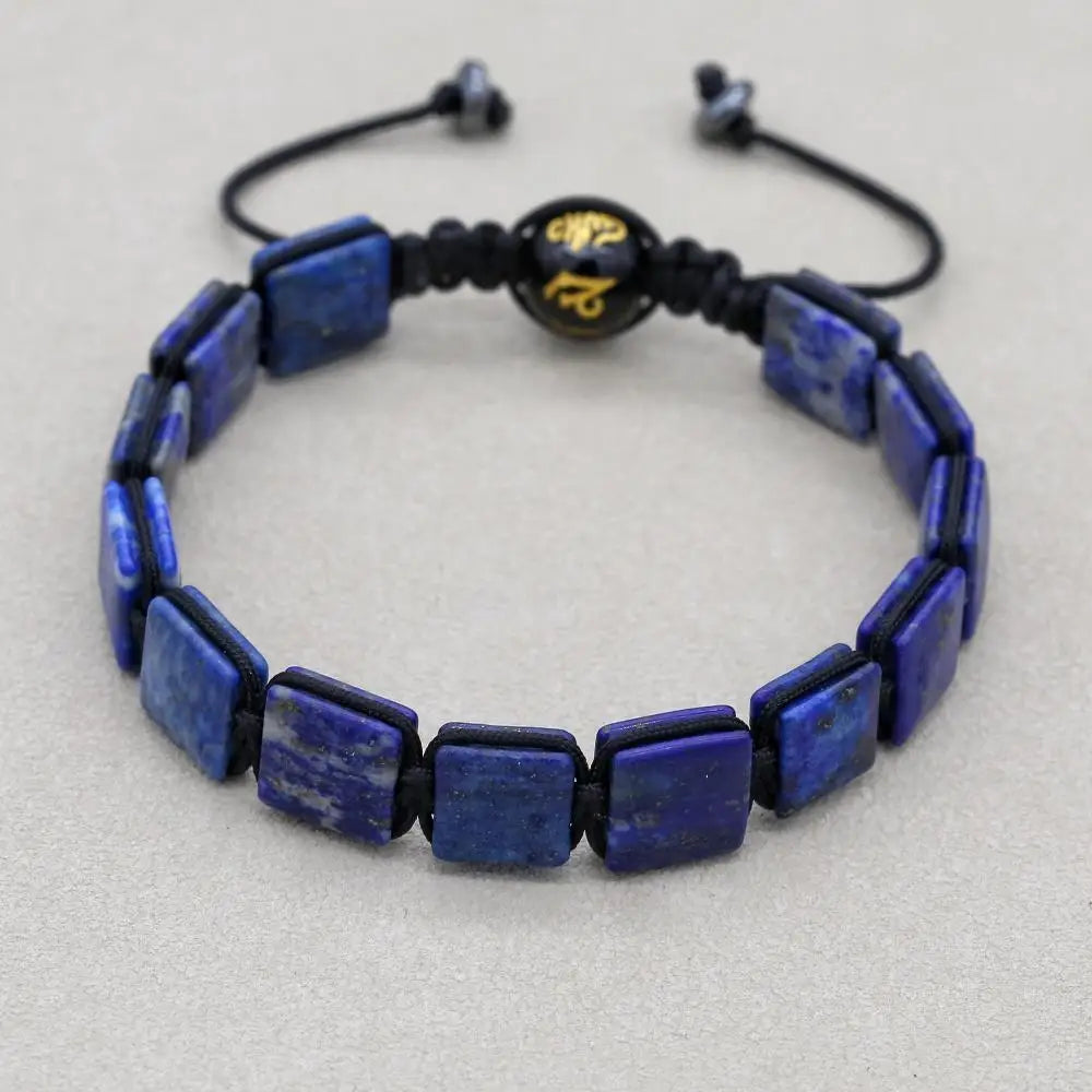 Unisex 10mm Square Lapis Lazuli Braided Bracelet with Mantra Agate
