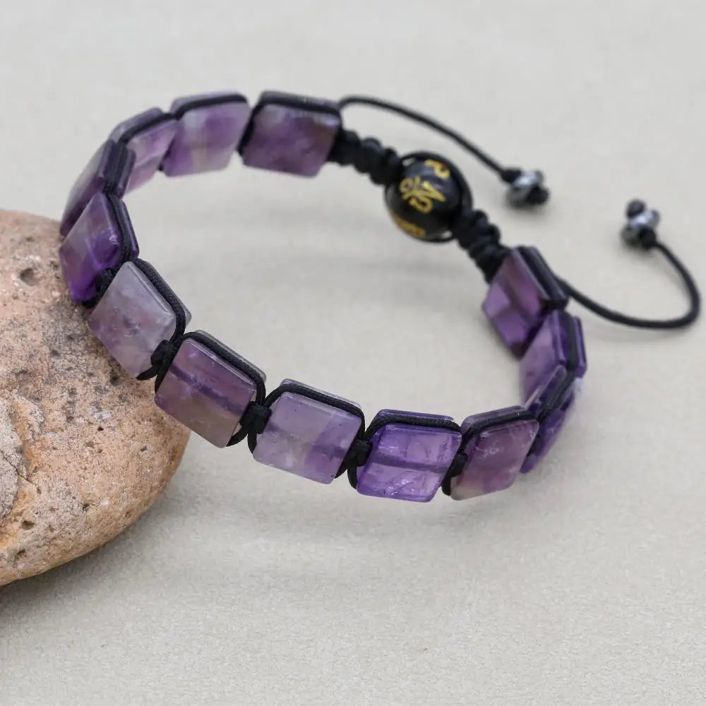 Handmade 10mm Square Amethyst Braided Bracelet Unisex Spiritual Mantra Jewelry