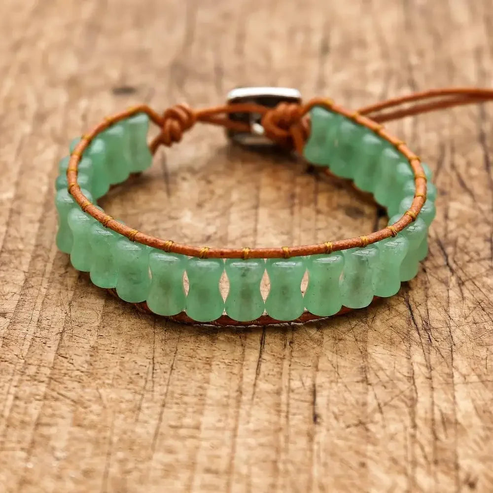 Prosperity and Luck Green Aventurine Bamboo Joint Leather Wrap Bracelet