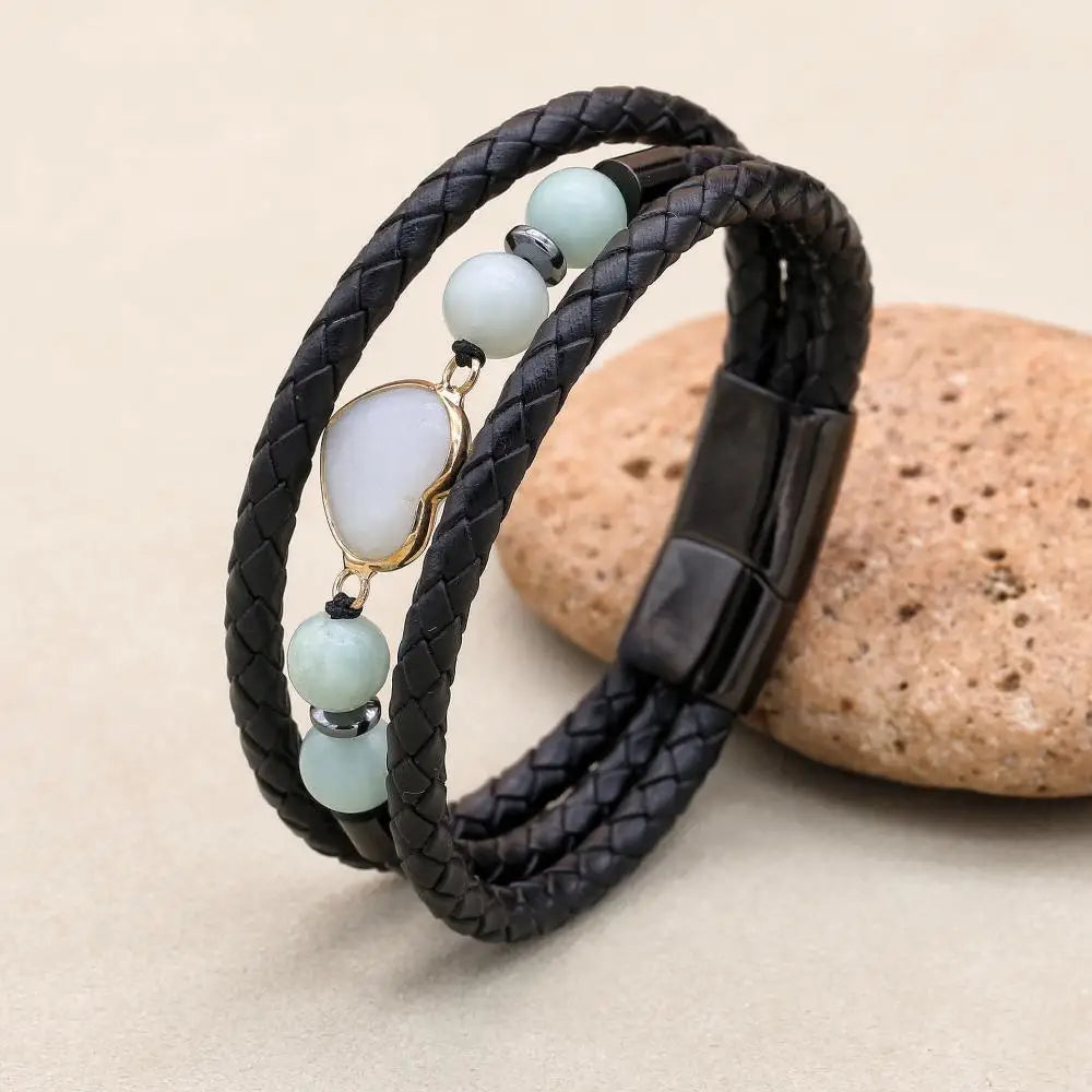 8mm Heart Amazonite Hematite Multilayer Leather Bracelet for Unisex