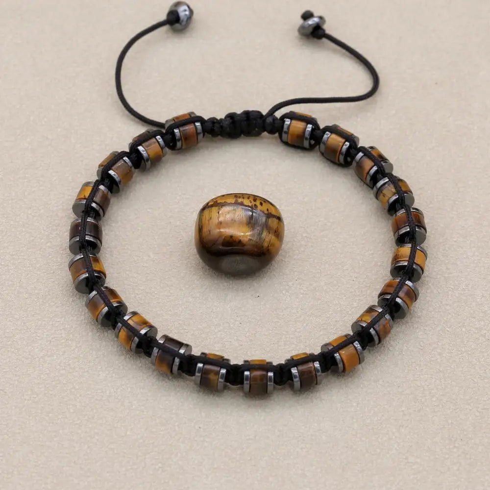 Unisex Tiger's Eye and Hematite Disc Braided Bracelet