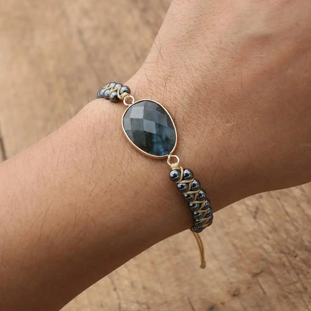Pulsera trenzada de doble capa de hematita y labradorita: protección e intuición