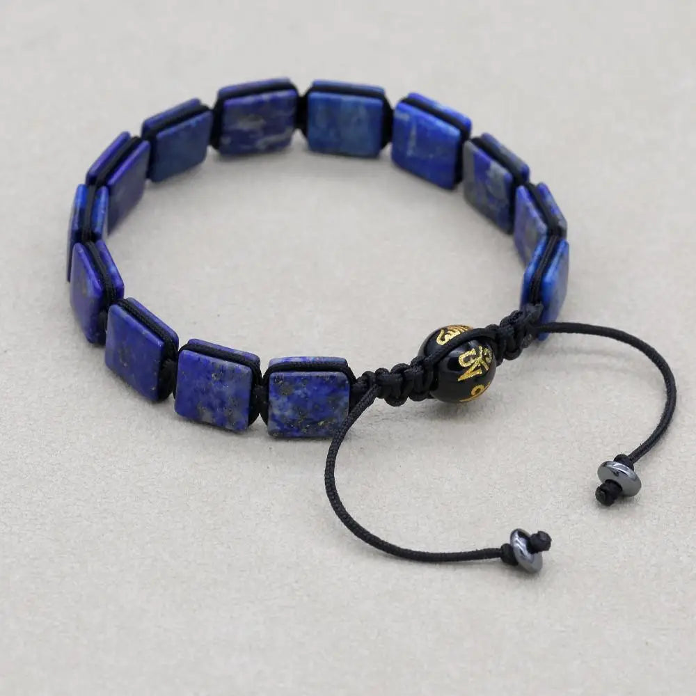Unisex 10mm Square Lapis Lazuli Braided Bracelet with Mantra Agate