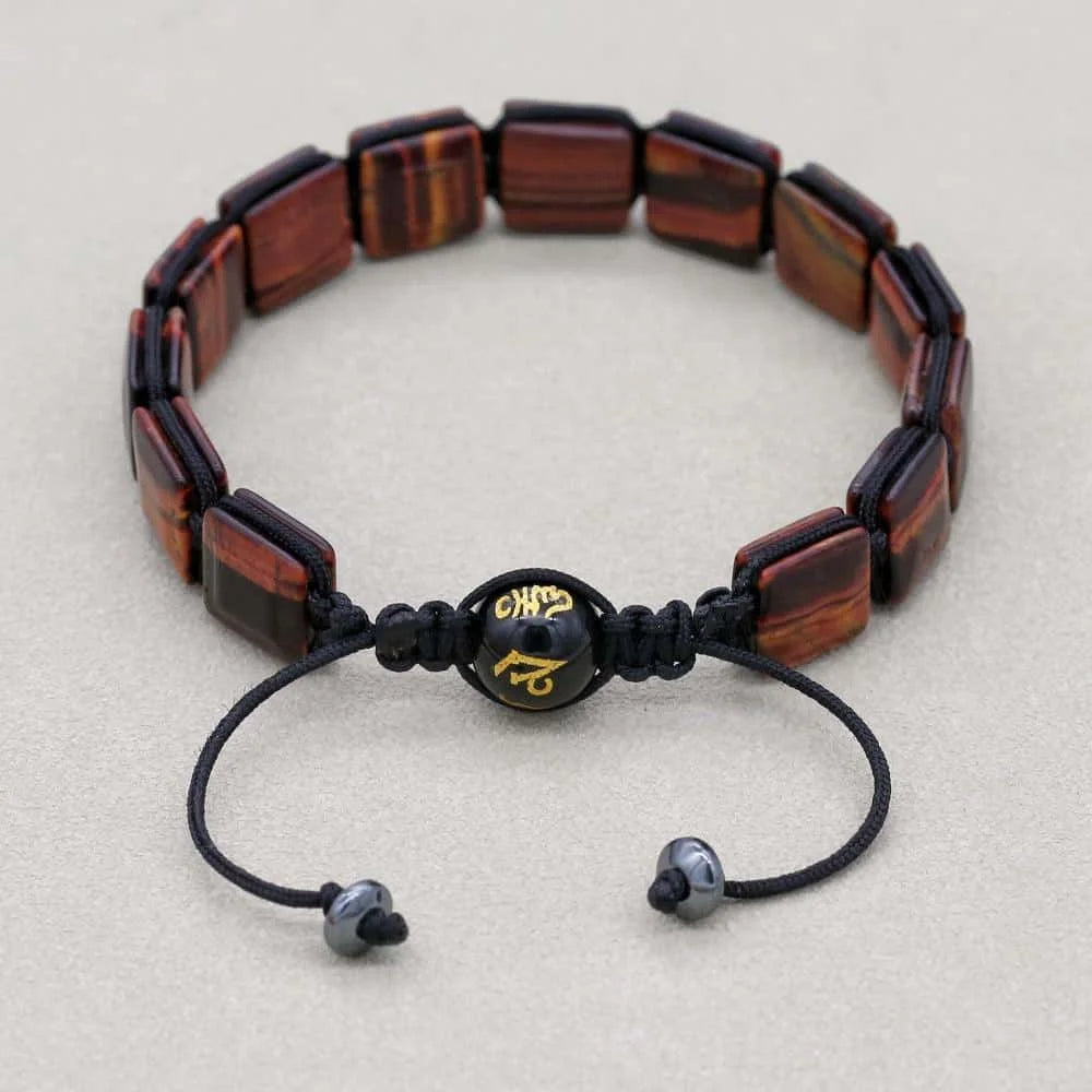 Red Tiger Eye Square Bead Braided Bracelet with Six-Word Mantra Agate