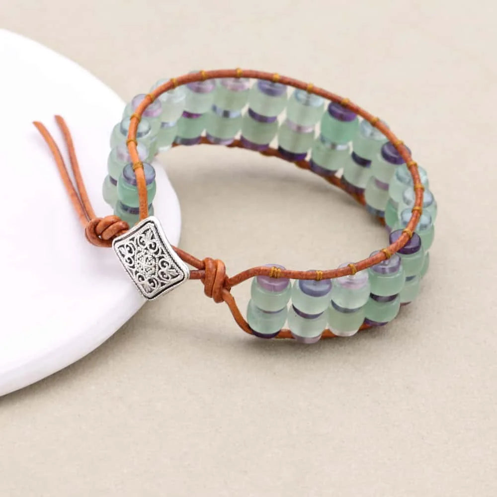 Handmade Aventurine & Fluorite Gemstone Leather Wrap Bracelet with Adjustable Cord