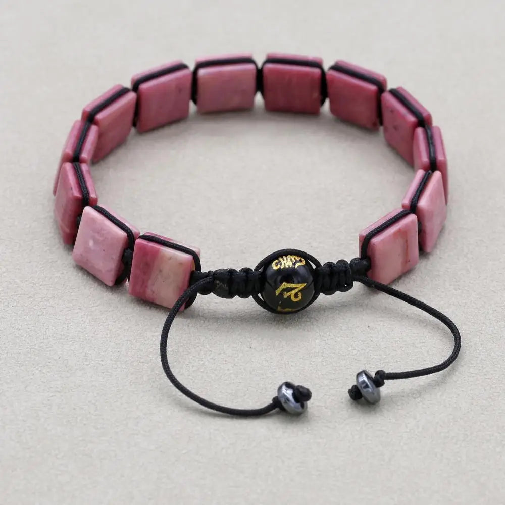 Handmade 10mm Square Rhodonite Beaded Braided Bracelet with Six-Sword Mantra Agate Adjustable