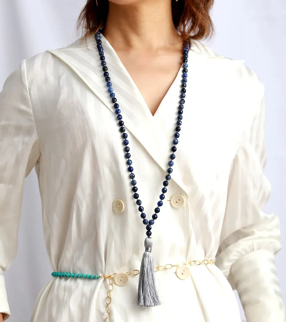 Inner Calm and Clarity 108 Sodalite Natural Stone Mala Tassel Necklace