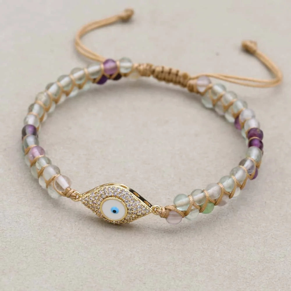 White Evil Eye Rainbow Fluorite Bracelet: Purity & Mind Clarity Talisman