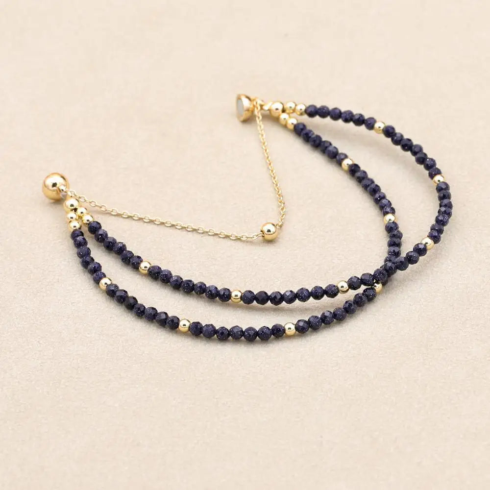 Handmade 3mm Faceted Blue Sandstone Double-Layer Bracelet with Magnetic Clasp