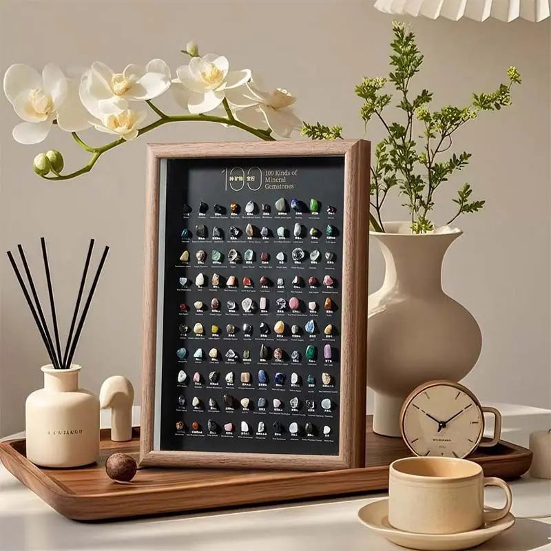 100 Kinds of Natural Mineral Gemstones Specimen Frame: Nature's Encyclopedia Wall Art