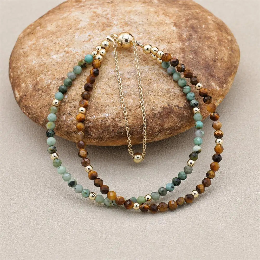 Handmade 3mm Faceted African Turquoise & Tiger Eye Double-Layer Bracelet with Magnetic Clasp