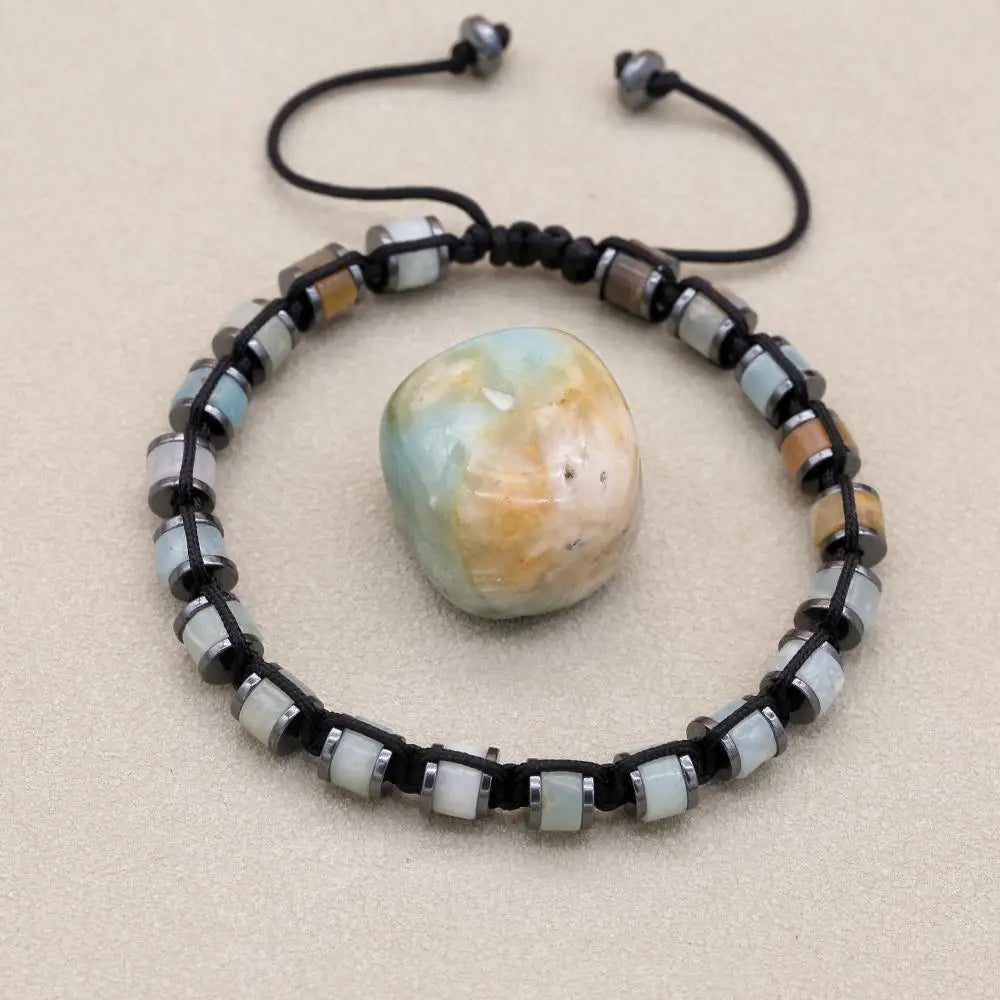 Unisex Amazonite & Hematite Disc Braided Bracelet | Adjustable