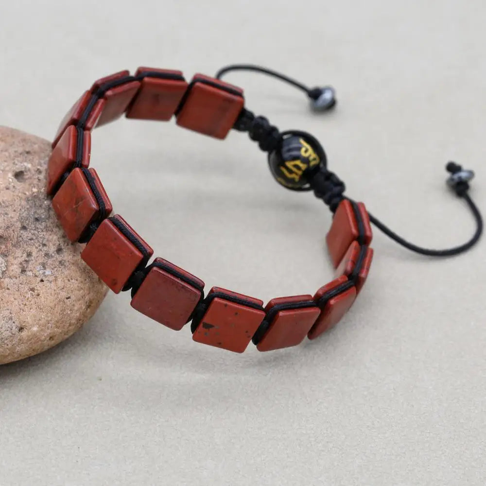 Unisex 10mm Square Red Jasper Braided Bracelet with Mantra Agate