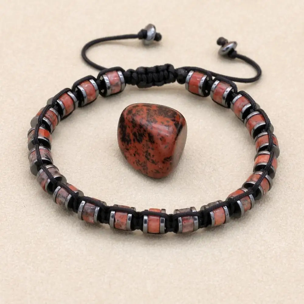 Natural Sesame Red Stone and Hematite Beaded Braided Bracelet