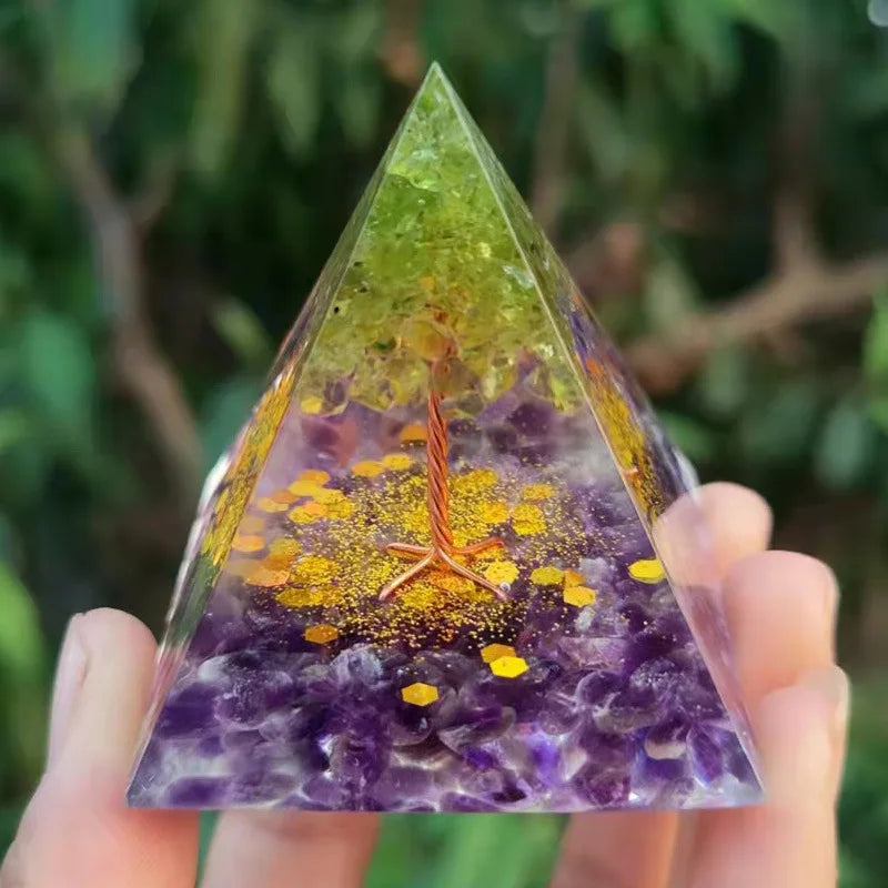 Prosperity and Wisdom Crystal Tree of Life Orgone Pyramid with Wooden Base